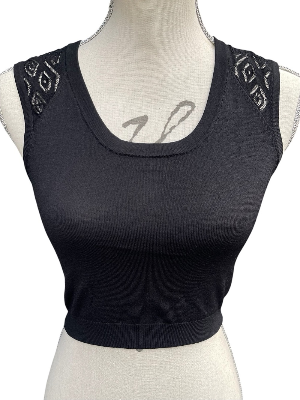 Marciano Black Fine Knit Scoop Neck Lace Shoulder Panel Sleeveless Crop Top (M)